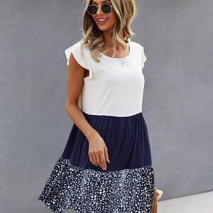 Blue & White Casual Womens Cut And Sew Babydoll Dress